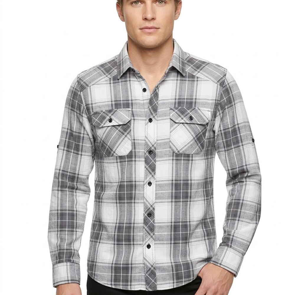 Rock & Republic Gray Plaid Western Button-Up Shirt Men Size M